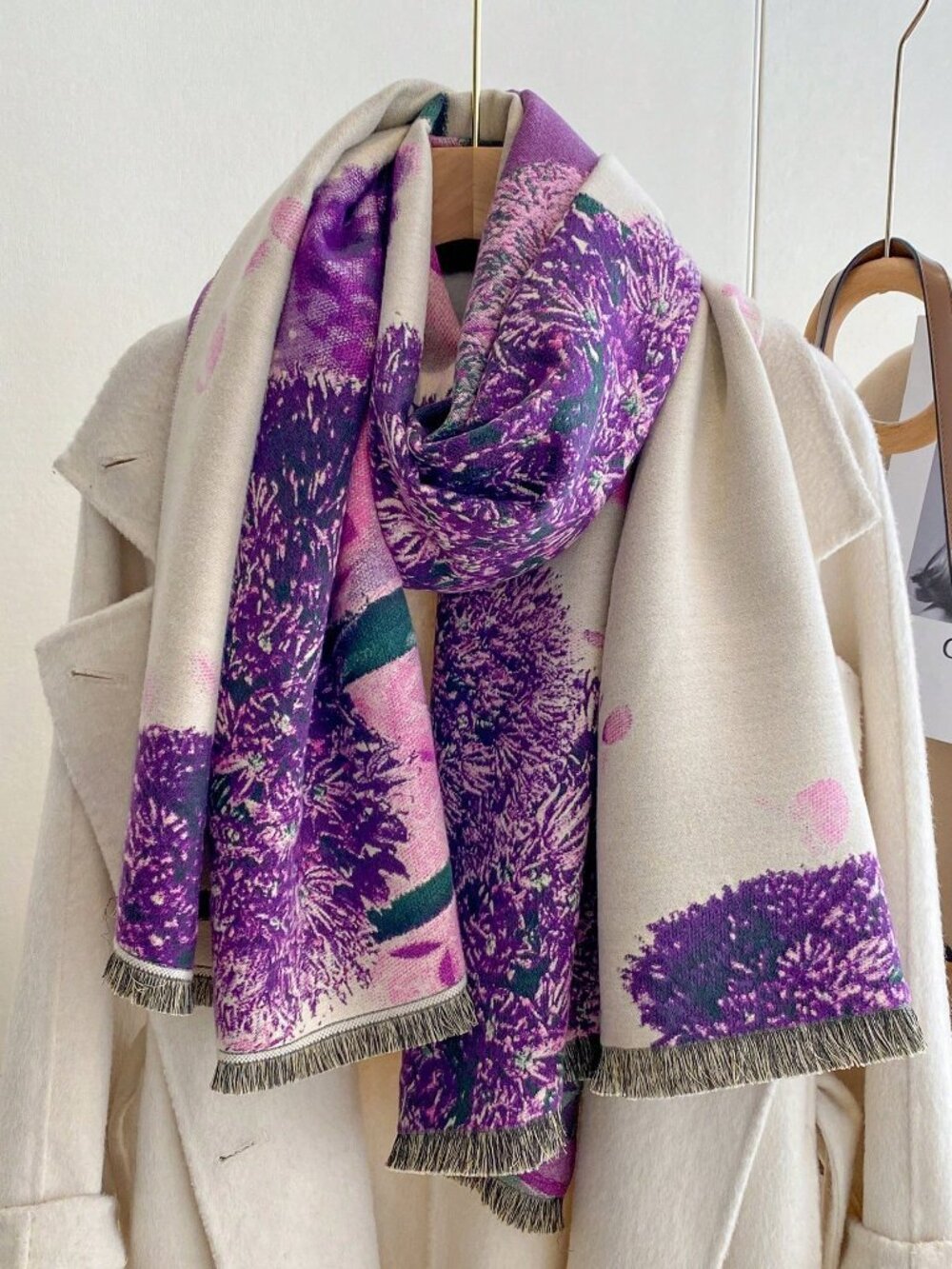 Purple Floral Jacquard Women's Casual Thick Warm Shawl Scarf Rectangular scarf - Picture 2 of 4